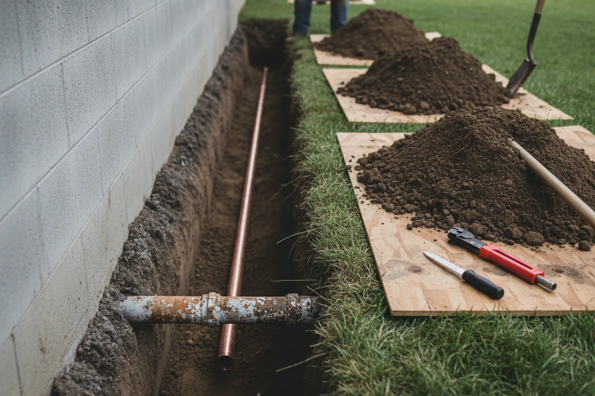 Excavated water line trench during Sewer Line Repair in Chaplin